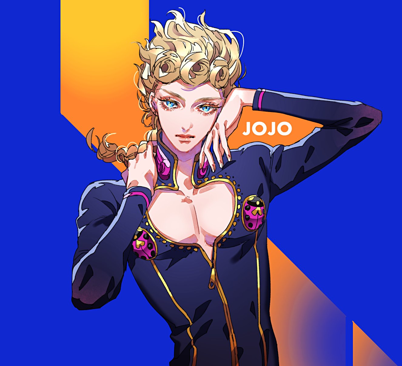 1boy androgynous blonde_hair blue_background blue_eyes blue_jacket braid closed_mouth commentary copyright_name curly_hair eyelashes fabulous giorno_giovanna heart_cutout highres jacket jojo_no_kimyou_na_bouken jojo_pose long_hair long_sleeves looking_at_viewer male_focus orange_background pose single_braid solo tenobe two-tone_background upper_body vento_aureo