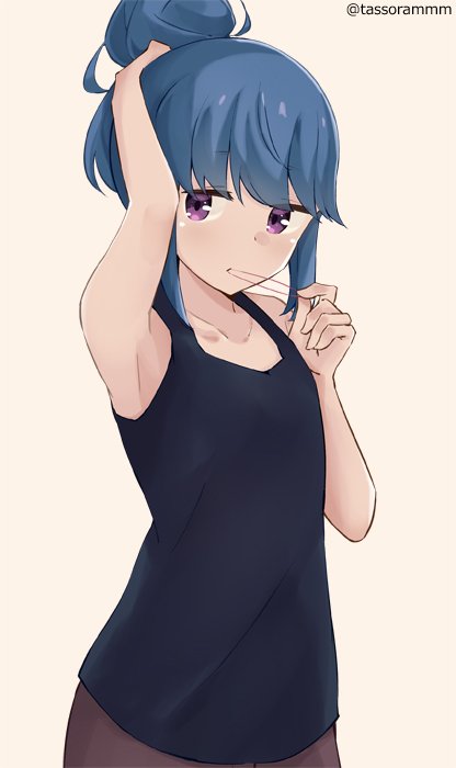 1girl adjusting_hair armpits artist_name bangs blue_hair collarbone eyebrows_visible_through_hair hair_bun mouth_hold pantyhose shima_rin shirt simple_background solo tasora tying_hair violet_eyes yurucamp