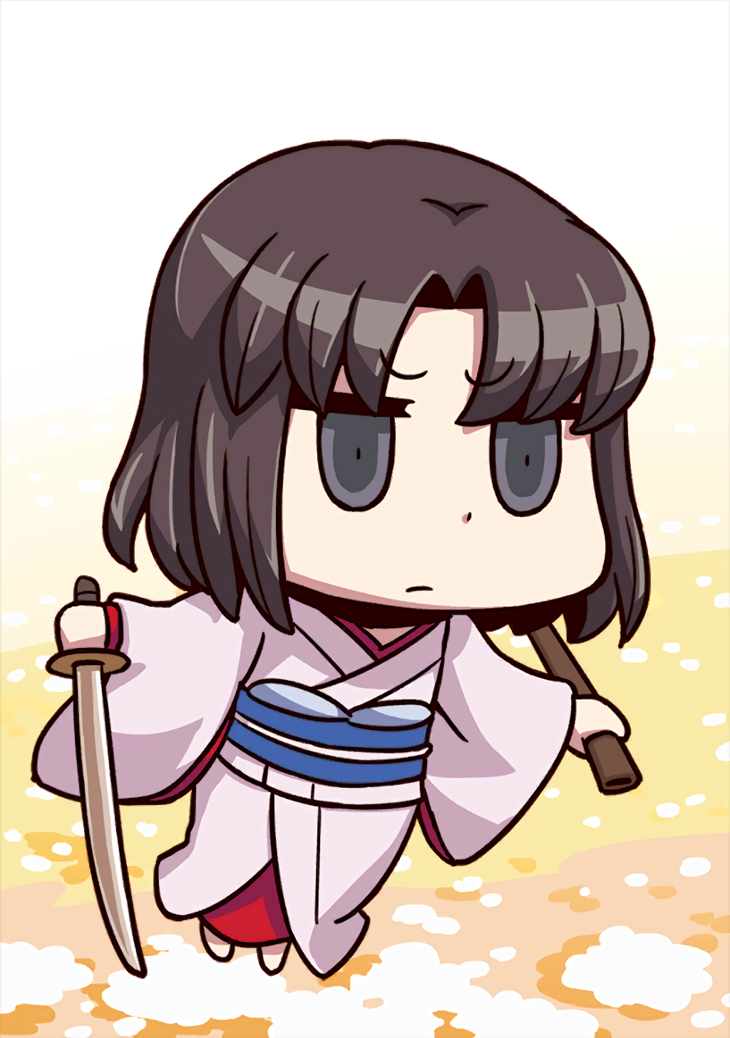 1girl april_fools black_eyes black_hair chibi fate/grand_order fate_(series) highres holding japanese_clothes jitome kara_no_kyoukai kimono official_art riyo_(lyomsnpmp) ryougi_shiki solo star sword weapon