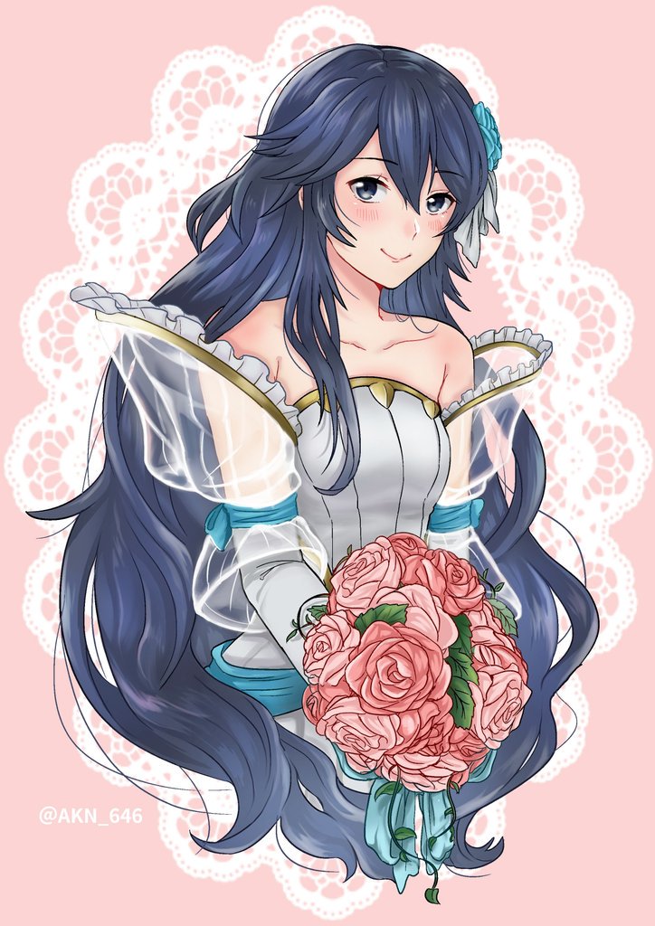 1girl artist_request bare_shoulders blue_eyes blue_hair blush bridal_veil bride dress elbow_gloves fire_emblem fire_emblem:_kakusei fire_emblem_heroes flower formal gloves jewelry long_hair looking_at_viewer lucina simple_background smile solo strapless strapless_dress tiara veil wedding_dress white_background white_dress white_gloves