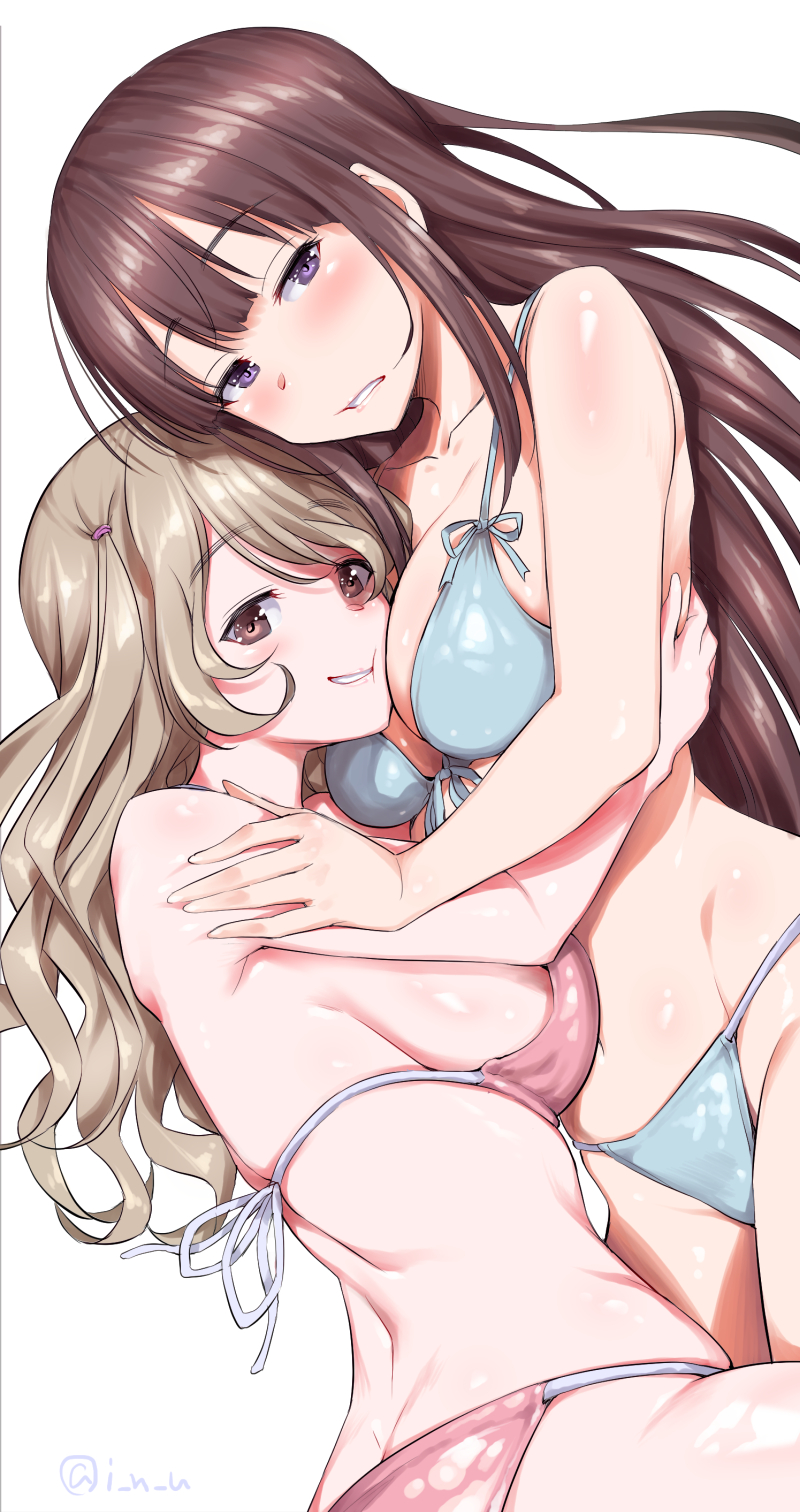 2girls bangs between_breasts bikini blonde_hair blue_bikini blue_ribbon blush breasts brown_eyes brown_hair collarbone commentary_request eyebrows_visible_through_hair hair_tie hand_on_another's_shoulder head_between_breasts highres hug inu_(aerodog) large_breasts long_hair looking_at_viewer multiple_girls original parted_lips ribbon shiny shiny_skin simple_background swimsuit violet_eyes wavy_hair white_background