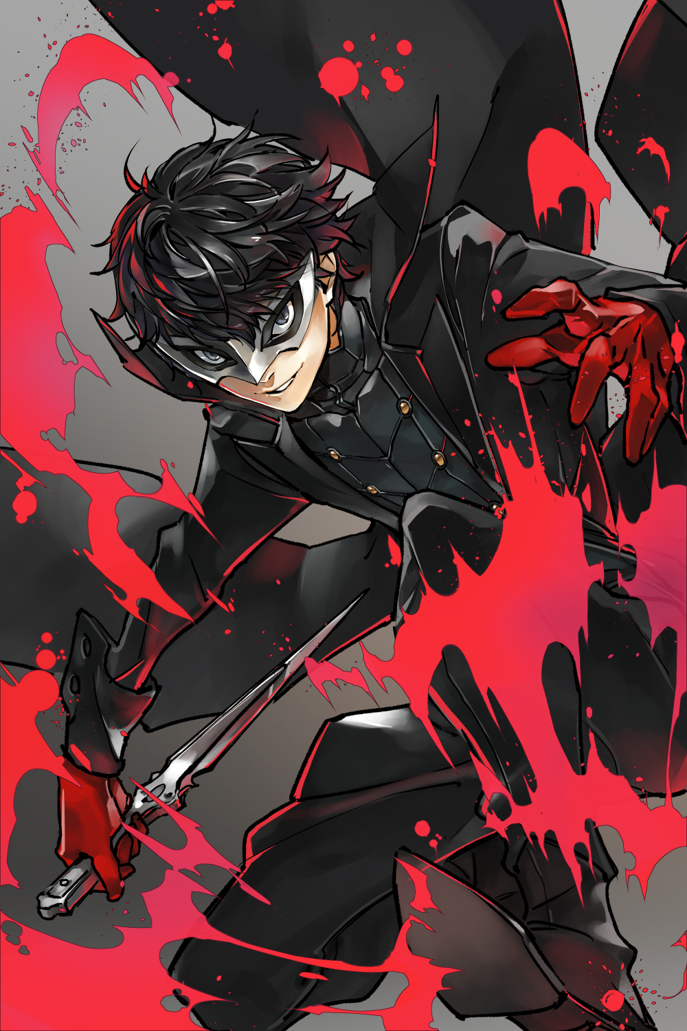 1boy amamiya_ren black_clothes black_hair black_pants brown_eyes gloves grey_background highres holding holding_knife knife long_hair male_focus mask pants parted_lips persona persona_5 red_gloves smile solo spiky_hair