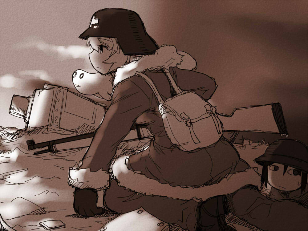 2girls backpack bag bolt_action chito_(shoujo_shuumatsu_ryokou) fur_trim gloves helmet looking_away looking_to_the_side mauser_98 military military_uniform monochrome multiple_girls nuko_(shoujo_shuumatsu_ryokou) sakaki_imasato shoujo_shuumatsu_ryokou sketch stahlhelm uniform weapon yuuri_(shoujo_shuumatsu_ryokou)