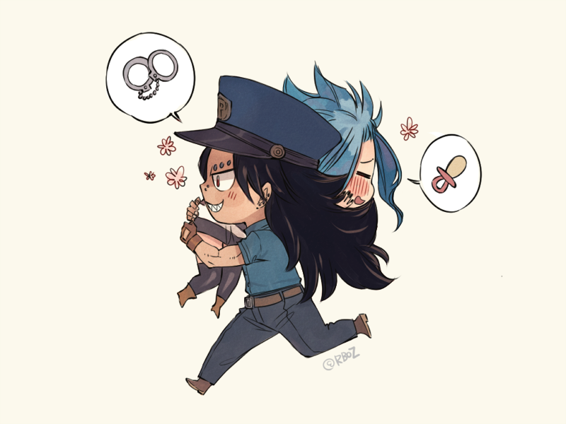 1boy 1girl black_hair blue_hair blush carrying carrying_over_shoulder chibi couple fairy_tail gajeel_redfox hat levy_mcgarden police police_hat police_uniform prison_clothes role_play rusky simple_background smile spiky_hair spoken_object uniform