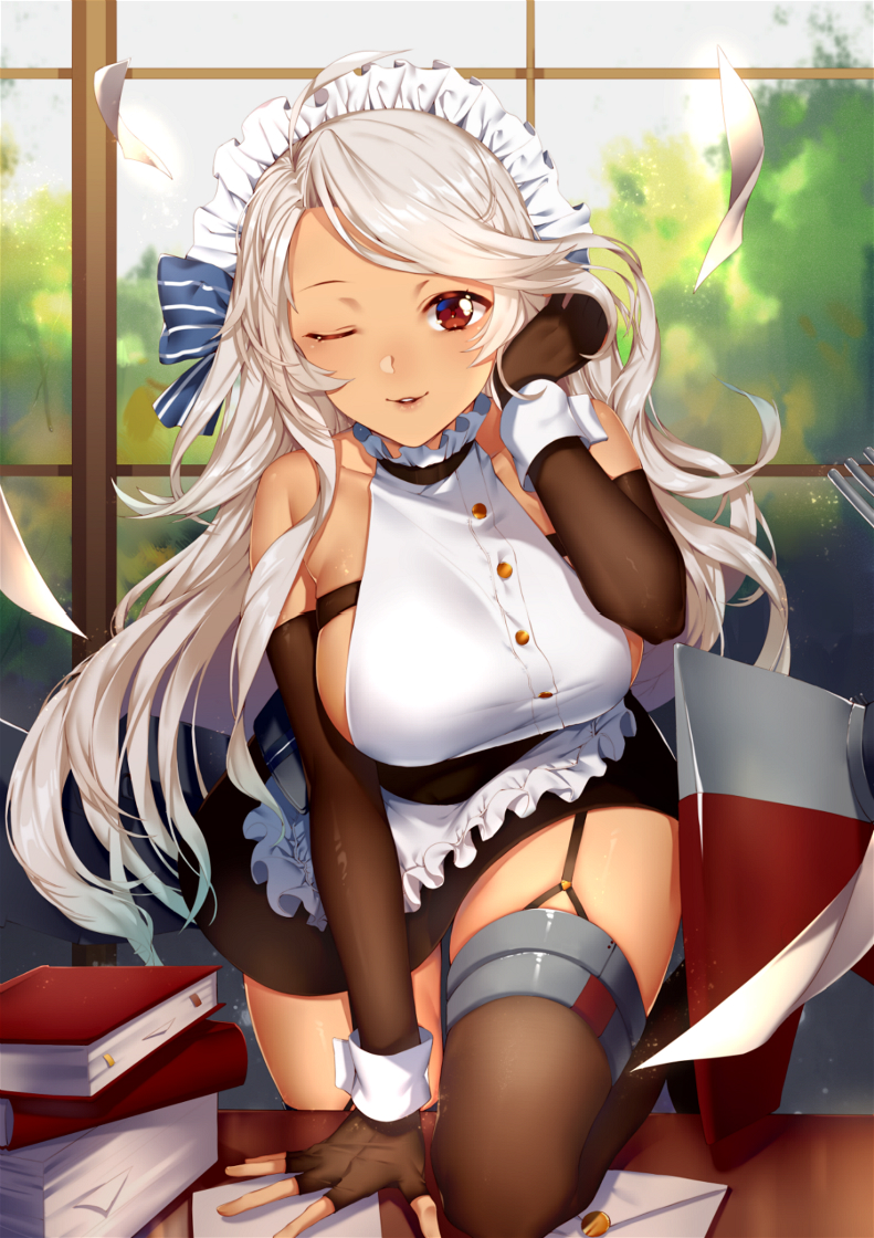 1girl ahoge apron arm_support azur_lane bangs bare_shoulders black_gloves blonde_hair blush book bow breasts brooklyn_(azur_lane) dark_skin day desk elbow_gloves eyebrows_visible_through_hair fingerless_gloves garter_straps gloves halterneck hand_to_own_head iiiroha indoors large_breasts letter long_hair looking_at_viewer machinery maid mounting one_eye_closed paper_stack red_eyes ribbon rigging shiny shiny_skin sideboob sidelocks skindentation skirt solo thigh-highs thighs very_long_hair wavy_hair