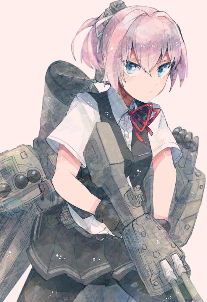 1girl armor black_gloves black_legwear black_skirt black_vest blue_eyes eyebrows_visible_through_hair gloves hair_between_eyes itomugi-kun kantai_collection long_hair looking_at_viewer miniskirt no_mouth no_nose pantyhose pink_background pink_hair ponytail school_uniform shiranui_(kantai_collection) shirt simple_background skirt solo torpedo torpedo_tubes vest white_shirt