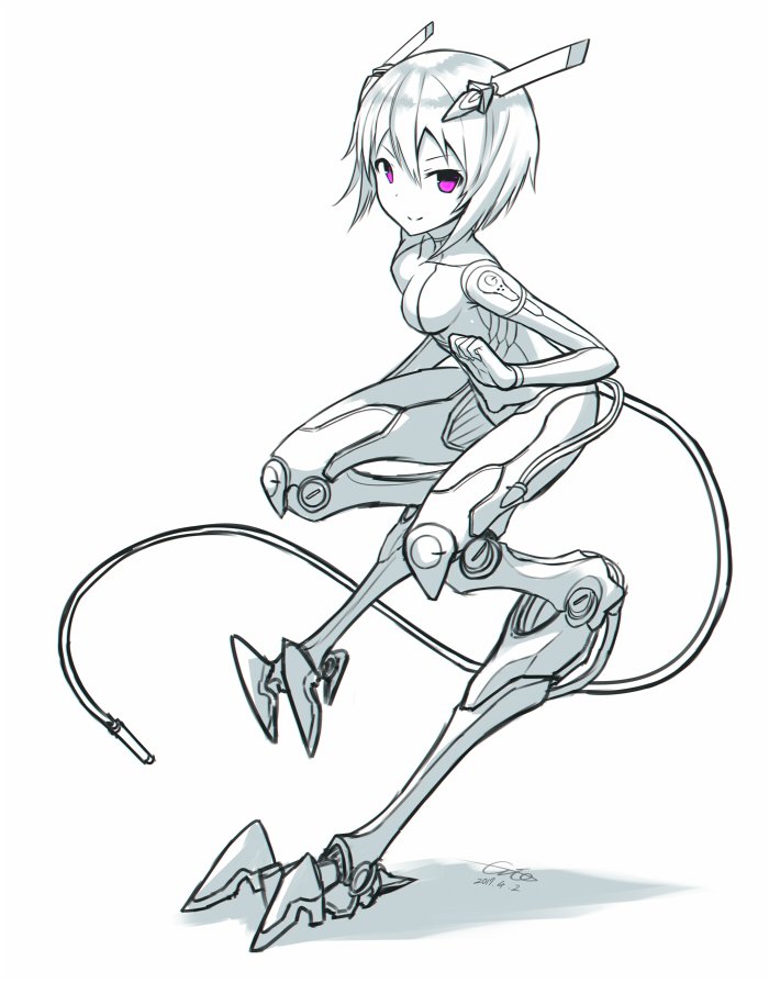 1girl bodysuit breasts closed_mouth commentary_request cyborg dated gia greyscale headgear looking_at_viewer mechanical_legs monochrome original pink_eyes short_hair signature simple_background small_breasts smile solo spot_color standing standing_on_one_leg tail white_background