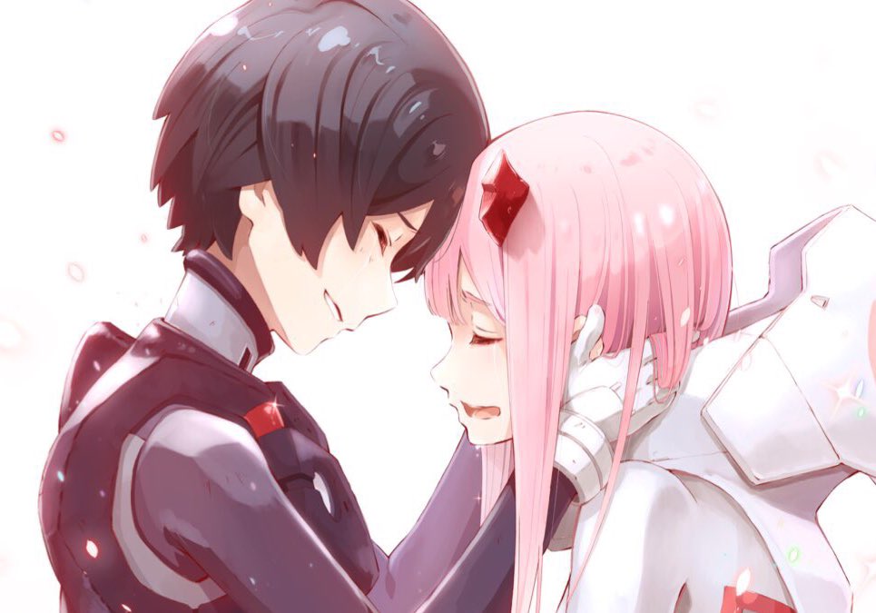 1boy 1girl black_hair bodysuit closed_eyes commentary_request crying darling_in_the_franxx forehead-to-forehead from_side gloves hands_on_another's_face happy happy_tears hiro_(darling_in_the_franxx) horns hoshizaki_reita open_mouth pink_hair profile smile tears white_background white_gloves zero_two_(darling_in_the_franxx)