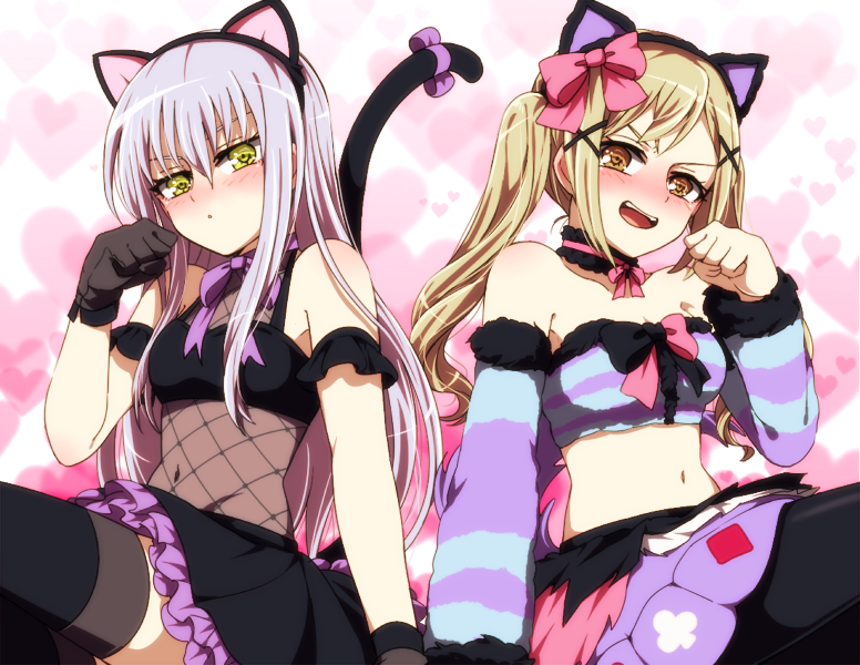 2girls akasata animal_ears bang_dream! black_legwear black_neckwear black_skirt blonde_hair blush bow bowtie brown_eyes cat_ears cat_tail choker detached_sleeves dog_ears dog_tail embarrassed fake_animal_ears frilled_skirt frills fur-trimmed_sleeves fur_trim green_eyes hair_between_eyes hair_bow hair_ornament heart heart_background ichigaya_arisa lavender_hair long_hair looking_at_viewer midriff minato_yukina multicolored_neckwear multiple_girls navel nose_blush open_mouth pantyhose pink_bow pink_neckwear purple_bow purple_skirt ribbon_choker sidelocks sitting skirt strapless striped striped_sleeves tail tail_bow thigh-highs tubetop twintails v-shaped_eyebrows x_hair_ornament