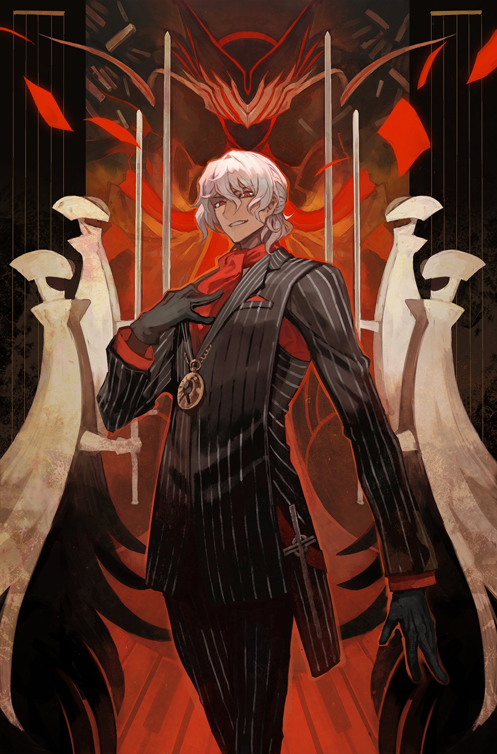 1boy antonio_salieri_(fate/grand_order) ascot black_gloves black_suit breast_pocket cloak commentary fate/grand_order fate_(series) formal gloves highres lack long_sleeves looking_at_viewer pocket pocket_square red_eyes striped_suit suit sword weapon white_hair