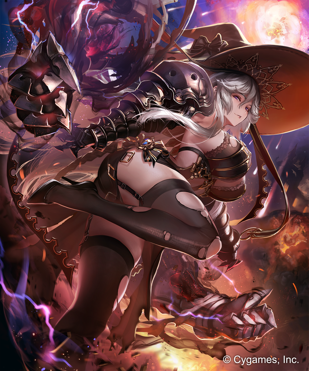 1girl ass black_bow black_dress black_legwear bow breasts dress fire flame garter_straps gauntlets granblue_fantasy hair_between_eyes hat hat_bow high_heels highres huge_breasts leaning_forward long_hair magisa_(granblue_fantasy) moon outdoors shingeki_no_bahamut side_slit silver_hair smile solo standing standing_on_one_leg thigh-highs torn_clothes torn_thighhighs tsunekun witch_hat