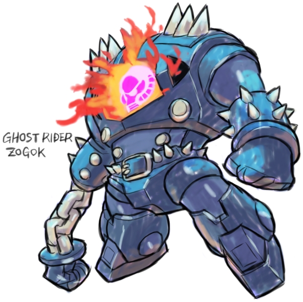 aburaya_tonbi chains character_name chibi fire full_body fusion ghost_rider gundam gundam_msv marvel mechanization simple_background spikes standing white_background zaku_ii zogok