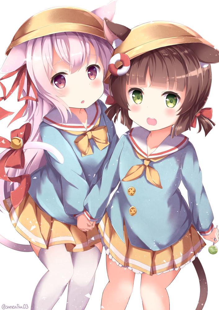 2girls :o animal_ears azur_lane bangs bell blue_shirt blunt_bangs blush bow bowtie brown_hair candy cat_ears cat_tail child food green_eyes hair_bow hair_ribbon hand_holding hat holding_lollipop innertube jingle_bell kindergarten_uniform kisaragi_(azur_lane) lollipop long_hair long_sleeves looking_at_viewer miniskirt multiple_girls mutsuki_(azur_lane) neckerchief niwasane_(saneatsu03) open_mouth pink_hair pleated_skirt red_bow red_ribbon ribbon school_uniform serafuku shirt simple_background skirt tail tail_bell tail_bow thigh-highs twintails twitter_username upper_teeth violet_eyes white_background white_legwear yellow_hat yellow_neckwear yellow_skirt