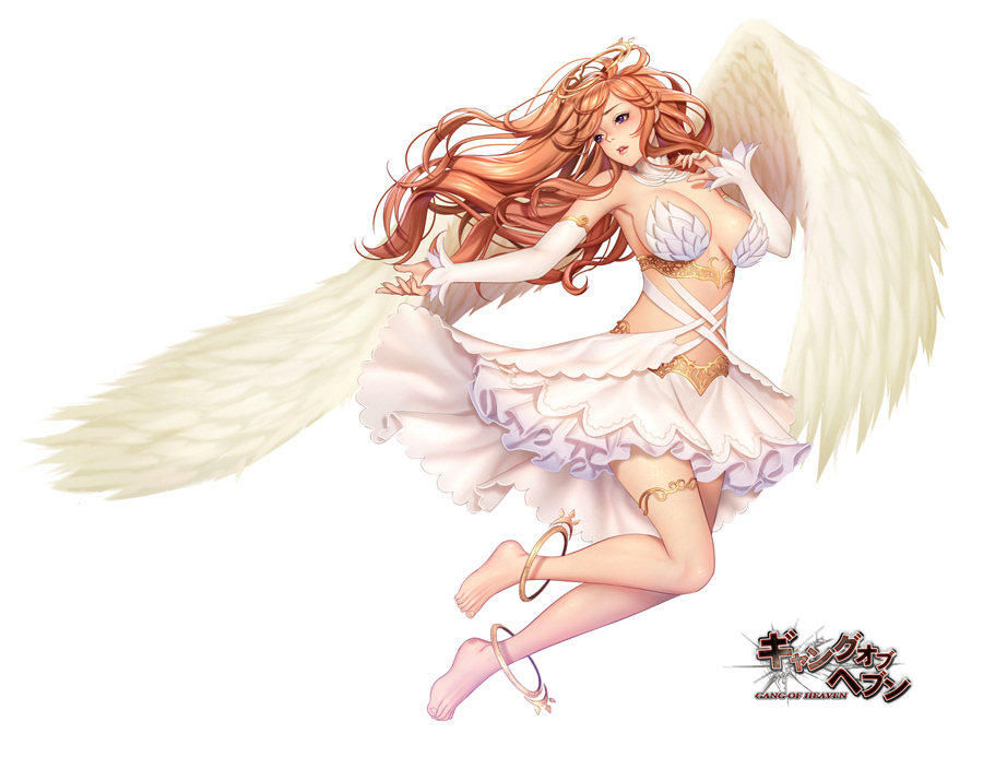 1girl angel angel_wings armpits bangs bare_shoulders barefoot breasts commentary_request detached_sleeves dress feathered_wings full_body gang_of_heaven halo large_breasts logo long_hair looking_away masami_chie official_art orange_hair parted_lips sidelocks simple_background solo thigh_strap violet_eyes white_background white_wings wings