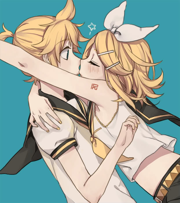 1boy 1girl arm_around_neck arm_tattoo bare_shoulders blonde_hair blue_eyes blush bow brother_and_sister closed_eyes crop_top elbow formalin glomp hair_bow hair_ornament hairclip hand_on_another's_shoulder hug imminent_hug imminent_kiss incest kagamine_len kagamine_rin leaning_forward midriff nail_polish number_tattoo open_eyes profile sailor_collar short_hair short_ponytail shorts siblings surprised tattoo twincest twins upper_body vocaloid yellow_nails yellow_neckwear