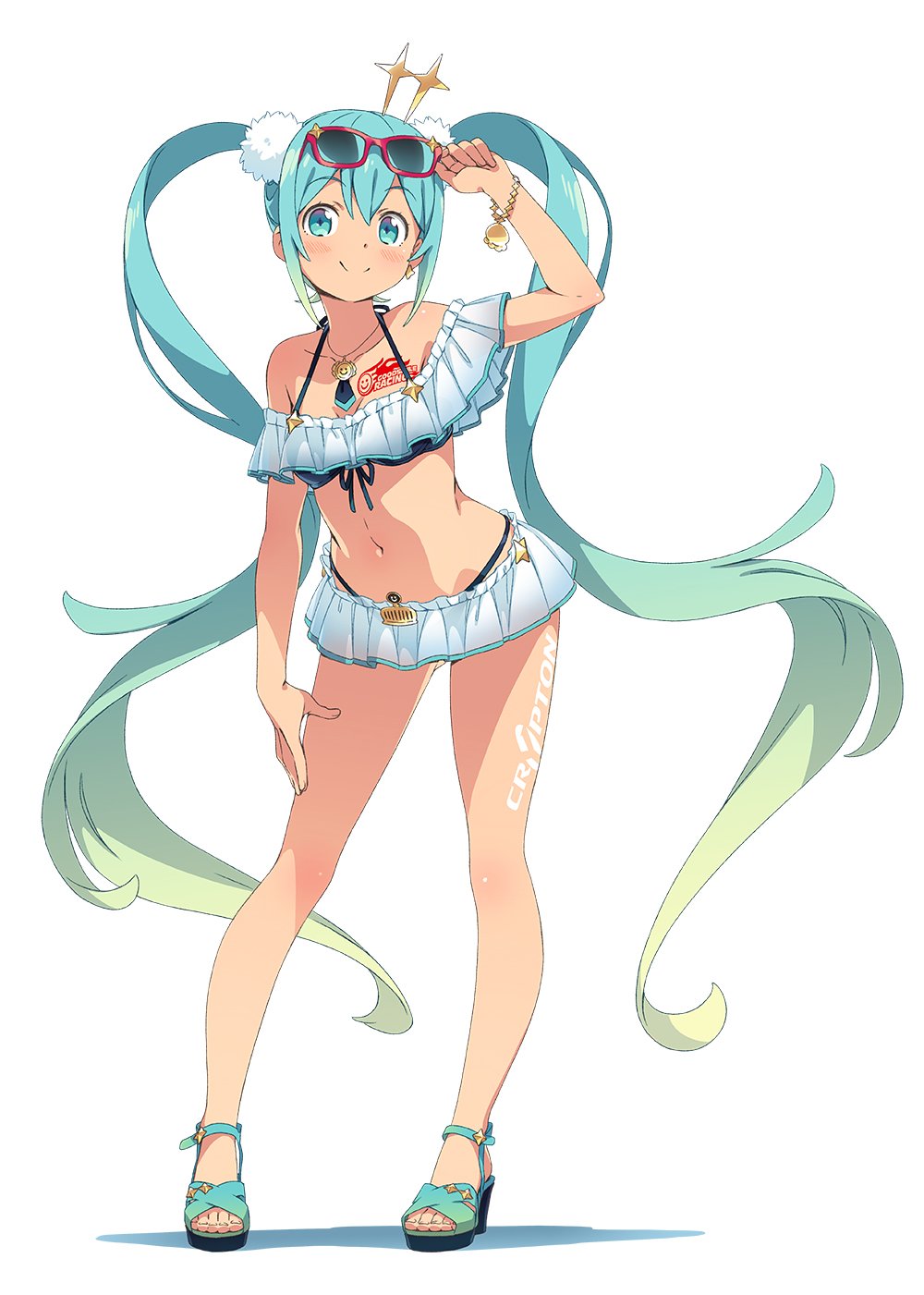 1girl :d aqua_eyes aqua_hair bangs bare_shoulders bikini bikini_skirt blush bracelet breasts collarbone commentary_request eyebrows_visible_through_hair full_body goodsmile_racing gradient gradient_hair hair_ornament hatsune_miku highres jewelry kanzaki_hiro logo long_hair looking_at_viewer medium_breasts multicolored_hair navel necklace official_art open_mouth piapro platform_footwear racing_miku racing_miku_(2018) sidelocks simple_background skirt smile solo standing sunglasses swimsuit tan twintails very_long_hair vocaloid white_background