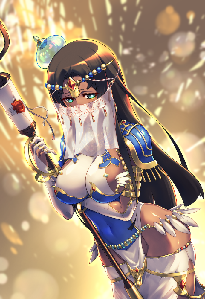 1girl arm_wrap armlet bangs black_hair blue_armor bracelet breast_hold breastplate breasts bridal_gauntlets circlet covered_navel dark_skin fate/grand_order fate_(series) feathers forehead_jewel green_eyes hat hips jewelry large_breasts long_hair looking_at_viewer parted_bangs pauldrons ring scheherazade_(fate/grand_order) scroll sideboob solo staff thighlet thighs tomoyohi veil waist
