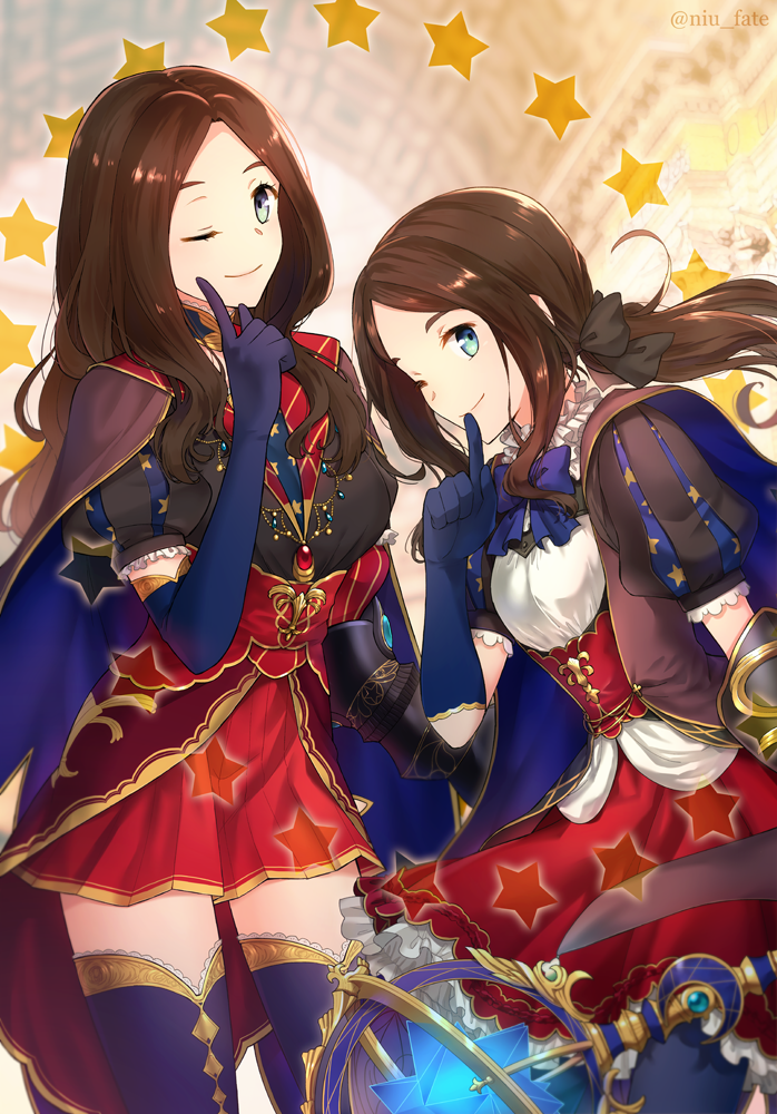 2girls ;) bangs black_bow blue_bow blue_cape blue_gloves blue_legwear blush bow brown_cape brown_hair cape closed_mouth commentary_request dual_persona elbow_gloves fate/grand_order fate_(series) finger_to_mouth forehead gauntlets gloves green_eyes hair_bow index_finger_raised leonardo_da_vinci_(fate/grand_order) long_hair multicolored multicolored_cape multicolored_clothes multiple_girls niu_illuminator one_eye_closed parted_bangs puff_and_slash_sleeves puffy_sleeves red_skirt single_gauntlet skirt smile star thigh-highs twitter_username