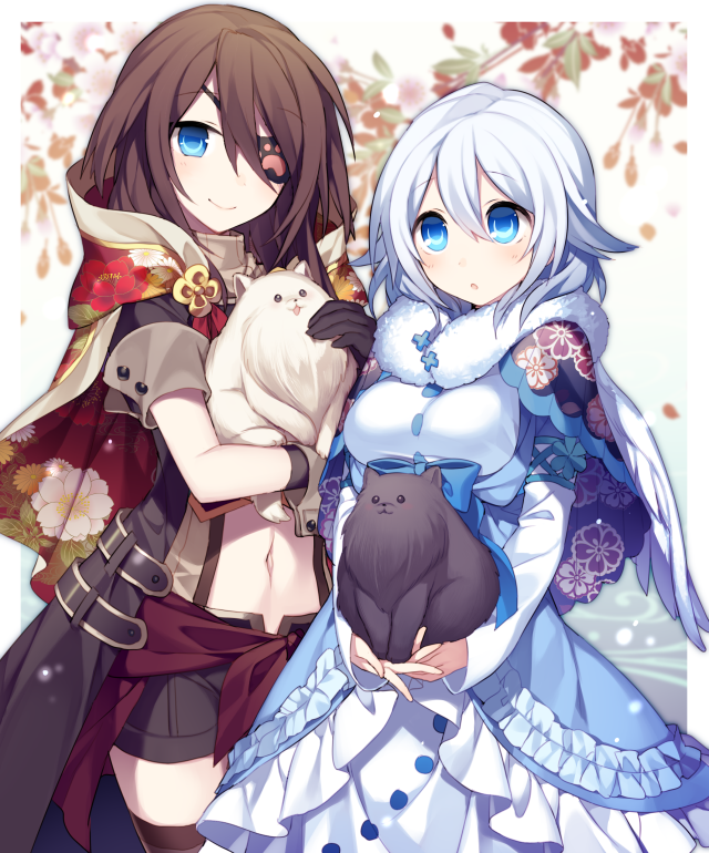 2girls :o animal black_gloves black_shorts blue_eyes blue_ribbon blush brown_hair cape commentary_request dog dog_request dress eyepatch feathered_wings floral_print flower frilled_dress frills fur-trimmed_cape fur_trim gloves hair_between_eyes hair_flower hair_ornament hijiri_(resetter) holding holding_animal long_hair long_sleeves looking_at_viewer multiple_girls navel navel_cutout original paw_print print_cape ribbon short_sleeves shorts smile trench_coat white_hair white_wings wings wrist_cuffs