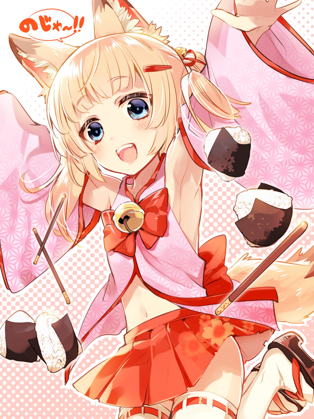 1girl animal_ears armpits arms_up bell blonde_hair blue_eyes commentary_request detached_sleeves food fox_ears fox_tail hair_ornament hairclip highres japanese_clothes jingle_bell jumping kemomimi_oukoku_kokuei_housou legs_up long_hair mikoko_(kemomimi_oukoku_kokuei_housou) miniskirt navel onigiri open_mouth pink_shirt pocky ribbon sandals shirt skirt smile solo tabi tail thigh-highs tyuraba virtual_youtuber white_legwear