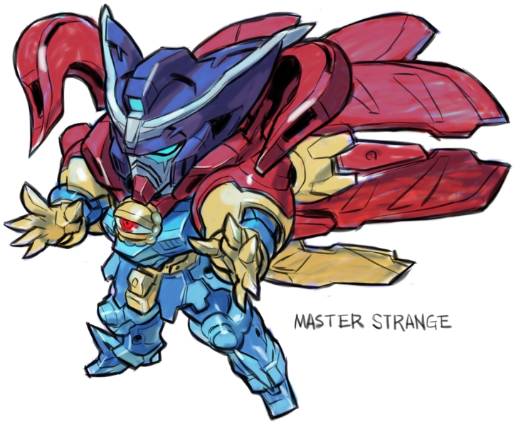 aburaya_tonbi aqua_eyes cape character_name chibi doctor_strange doctor_strange_(series) eyes full_body fusion g_gundam gundam looking_away marvel master_gundam mechanization simple_background solo standing white_background