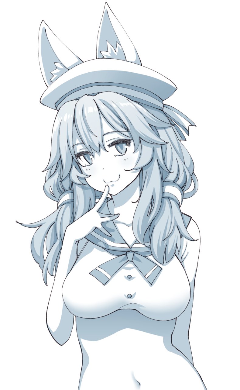 1girl :3 akino_sora animal_ears blush breasts closed_mouth commentary_request ears_through_headwear fate/grand_order fate_(series) finger_to_mouth fox_ears greyscale hand_up hat highres index_finger_raised large_breasts long_hair looking_at_viewer monochrome navel sailor_collar sailor_hat simple_background smile solo tamamo_(fate)_(all) tamamo_no_mae_(fate) upper_body white_background