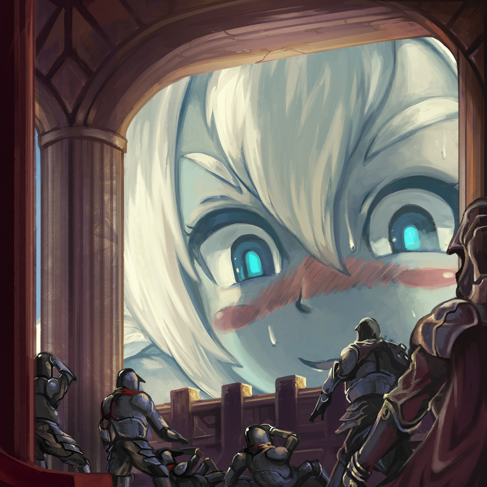 1girl aqua_eyes armor blush cape column giantess grey_skin hair_between_eyes helmet open_mouth original pillar smile sweat white_hair yilx