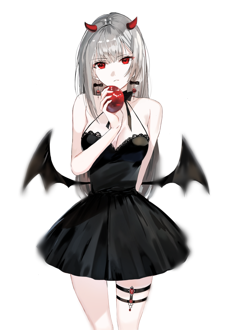 1girl apple bare_shoulders black_dress black_wings breasts cleavage closed_mouth dress earrings eyebrows_visible_through_hair food fruit head_tilt holding horns jewelry large_breasts low_wings naru_(ul) original red_eyes short_dress silver_hair standing thigh_strap wings