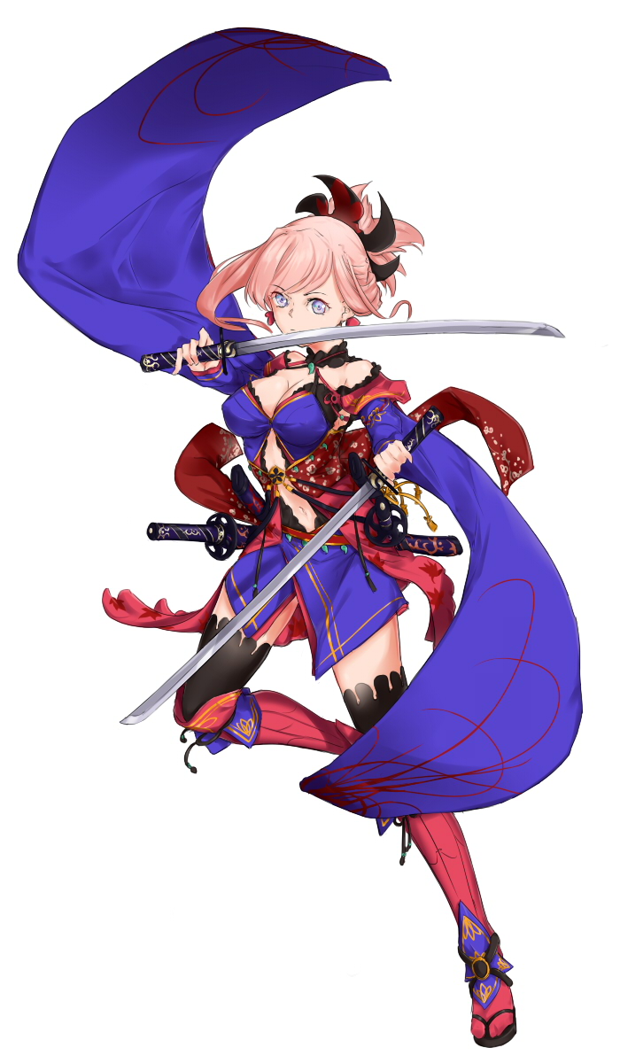 1girl bangs black_legwear blue_eyes blue_kimono breasts choker cleavage dual_wielding fate/grand_order fate_(series) floating_hair full_body hair_ornament highres holding holding_sword holding_weapon japanese_clothes kimono long_hair medium_breasts midriff miyamoto_musashi_(fate/grand_order) navel_cutout one_leg_raised pink_hair saruno_(eyesonly712) sheath short_kimono short_ponytail side_ponytail simple_background sketch solo standing standing_on_one_leg swept_bangs sword thigh-highs weapon white_background