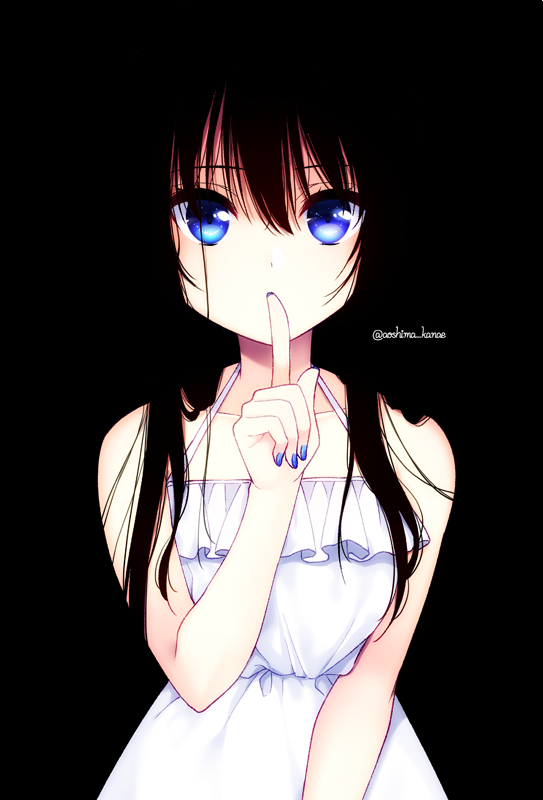 1girl aoshima_kanae bangs black_background black_hair blue_eyes dress eyebrows_visible_through_hair finger_to_mouth index_finger_raised long_hair looking_at_viewer nail_polish original shushing sleeveless sleeveless_dress solo sundress twitter_username white_dress