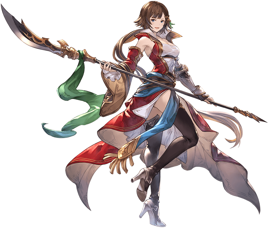 1girl bangs blue_eyes boots breasts brown_hair collarbone detached_sleeves full_body gauntlets granblue_fantasy hair_ornament high_heel_boots high_heels leona_(granblue_fantasy) long_hair looking_at_viewer low_ponytail medium_breasts minaba_hideo official_art one_leg_raised open_mouth polearm sash single_gauntlet sleeveless smile solo thigh-highs thigh_boots transparent_background very_long_hair weapon