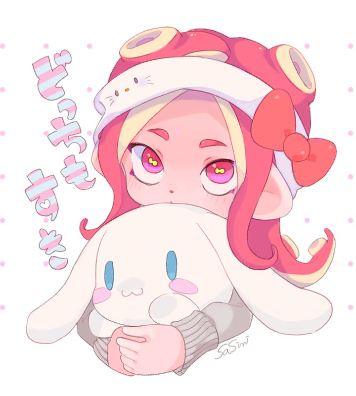 1girl cephalopod_eyes character_doll cinnamoroll cropped_torso headband hello_kitty hello_kitty_(character) holding looking_at_viewer octoling pink_eyes pink_hair sanrio sasimi short_hair signaure simple_background splatoon splatoon_2 sweater white_background