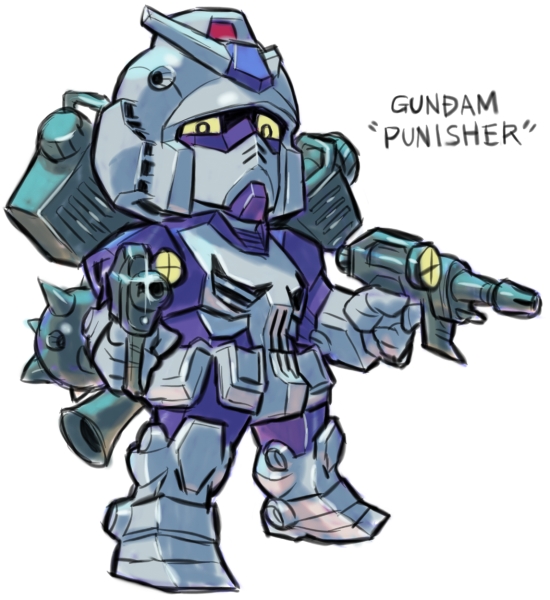 aburaya_tonbi beam_rifle character_name chibi dual_wielding energy_gun flail full_body fusion gundam looking_at_viewer mechanization mobile_suit_gundam morning_star punisher rx-78-2 simple_background solo standing the_punisher weapon weapon_on_back white_background yellow_eyes