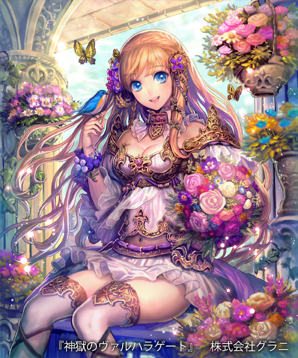 1girl bird blue_eyes blush bouquet breasts brown_hair bug butterfly character_request cleavage copyright_name eyebrows_visible_through_hair flower hair_flower hair_ornament holding holding_bouquet insect kneehighs large_breasts long_hair looking_at_viewer mayachise navel official_art open_mouth shingoku_no_valhalla_gate smile solo very_long_hair white_legwear