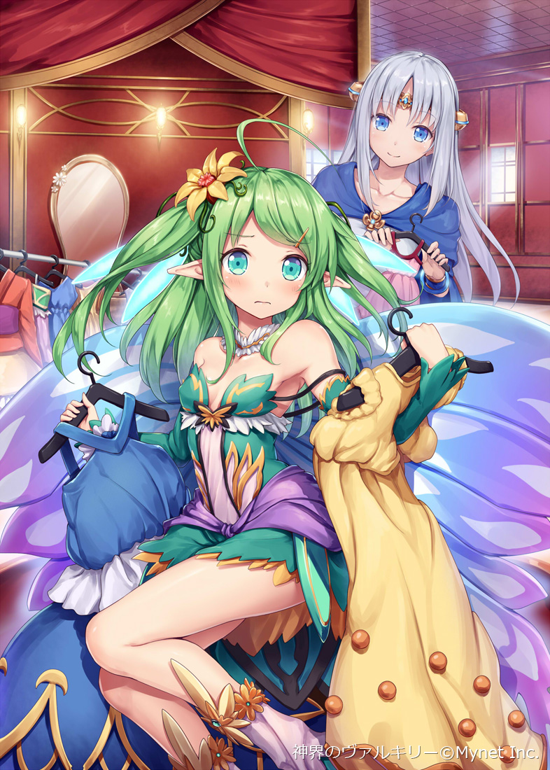 2girls akkijin aqua_eyes backstage bare_shoulders blue_dress blue_eyes dress fairy fairy_wings flower green_hair hair_flower hair_ornament indoors mirror multiple_girls official_art oracle_(shinkai_no_valkyrie) pink_dress pixie_servant_(shinkai_no_valkyrie) pointy_ears shinkai_no_valkyrie shy silver_hair sitting wings yellow_dress