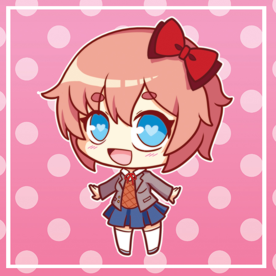 1girl :d blue_eyes bow chibi doki_doki_literature_club eyebrows_visible_through_hair full_body hair_bow hair_ornament heart heart-shaped_pupils looking_at_viewer open_mouth outline pink_background pink_hair polka_dot polka_dot_background red_bow runeechan sayori_(doki_doki_literature_club) school_uniform short_hair smile solo symbol-shaped_pupils white_legwear white_outline