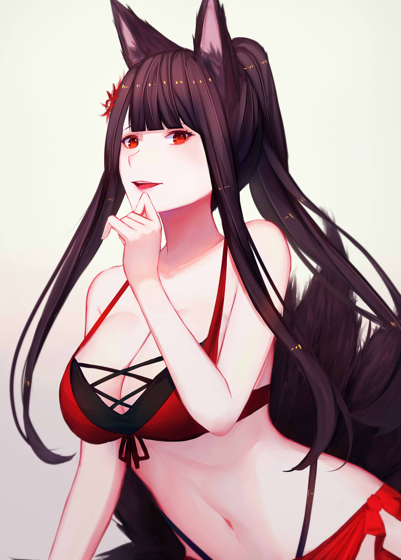 1girl :d akagi_(azur_lane) animal_ears artist_name azur_lane bangs bikini black_bikini black_hair blunt_bangs breasts cleavage clenched_hand collarbone cross-laced_clothes floating_hair flower fox_ears fox_tail from_side front-tie_bikini front-tie_top gradient gradient_background grey_background hair_flower hair_ornament hand_on_own_chin hand_up high_ponytail highleg highleg_swimsuit highres hips hirein large_breasts leaning_forward long_hair long_ponytail multicolored multicolored_bikini multicolored_clothes multiple_tails navel open_mouth ponytail red_bikini red_eyes red_flower red_sarong sarong sidelocks signature smile solo straight_hair swimsuit tail upper_body very_long_hair