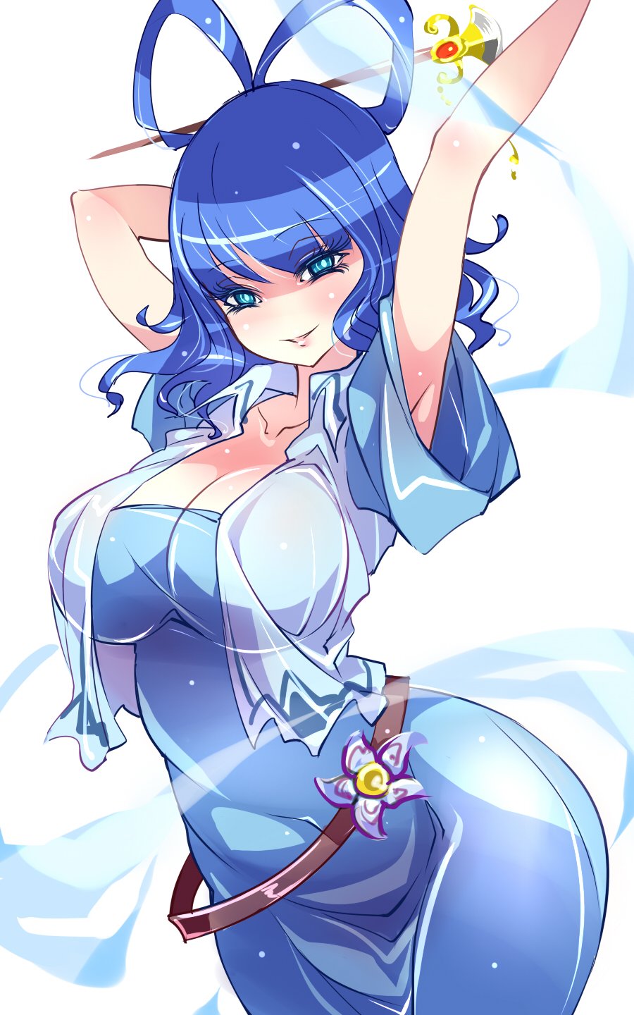 1girl armpits blue_dress blue_eyes breasts cleavage collarbone covered_navel curvy dress flower hagoromo hair_ornament hair_stick highres hips kaku_seiga large_breasts lips looking_at_viewer naughty_face no_nose raptor7 shawl short_hair short_sleeves simple_background tight_dress touhou white_background wide_hips