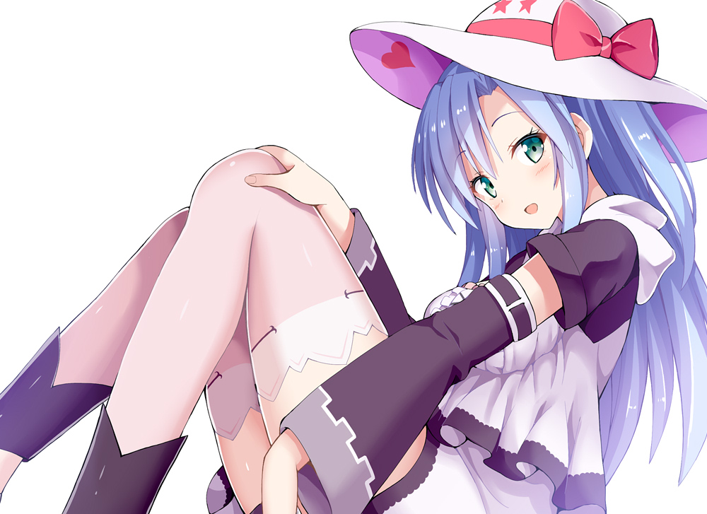 1girl :d bangs blue_hair blush bow breasts center_frills copyright_request detached_sleeves eyebrows_visible_through_hair fingernails frills givuchoko green_eyes hair_between_eyes hand_on_own_knee hat hat_bow hat_ribbon head_tilt heart long_hair long_sleeves looking_at_viewer medium_breasts open_mouth red_bow red_ribbon ribbon shirt short_shorts shorts simple_background smile solo star sun_hat thigh-highs very_long_hair white_background white_hat white_legwear white_shirt white_shorts wide_sleeves
