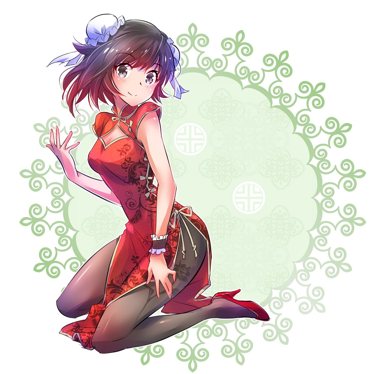 1girl china_dress chinese_clothes cleavage_cutout commentary double_bun dress floral_print grey_eyes highres iesupa red_dress redhead rose_print ruby_rose rwby sleeve_cuffs solo thigh-highs