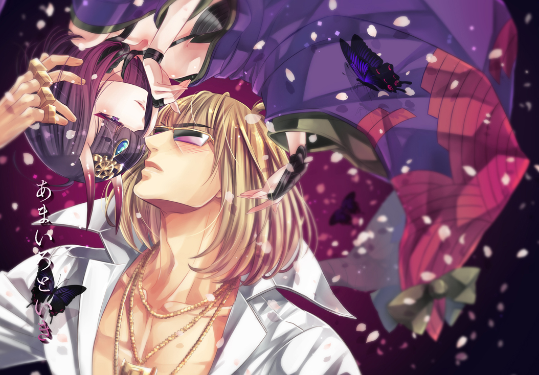 1boy 1girl black_hair blonde_hair blush bob_cut bug butterfly cover cover_page doujin_cover fate/grand_order fate_(series) gradient_hair insect ishida_kaname japanese_clothes kimono multicolored_hair oni_horns popped_collar purple_background purple_hair purple_kimono sakata_kintoki_(fate/grand_order) shirt shuten_douji_(fate/grand_order) sunglasses upside-down white_shirt