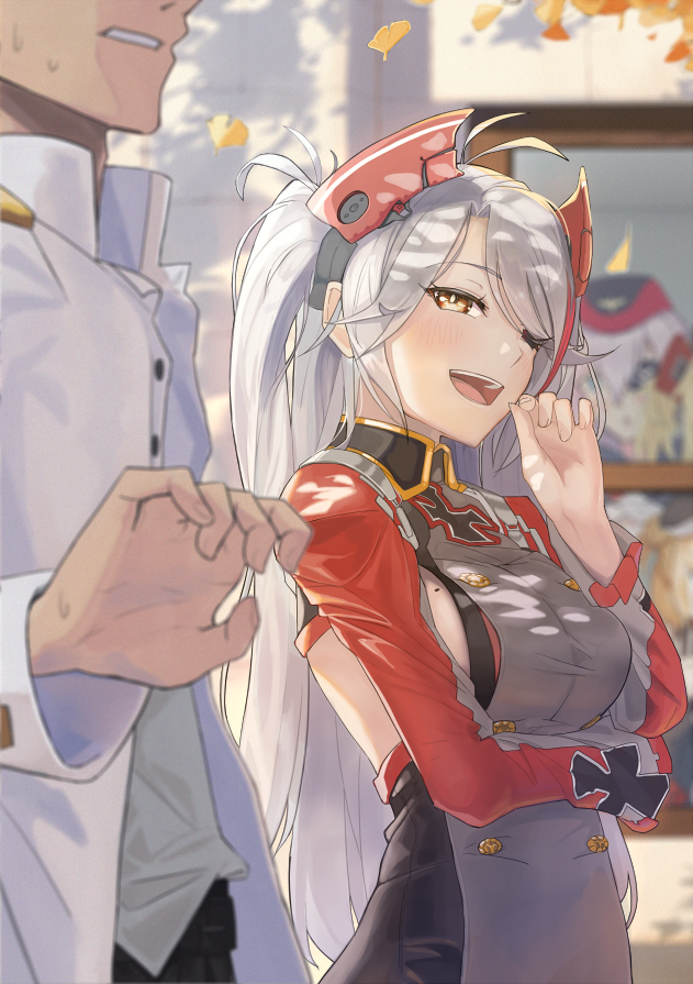 1boy admiral_(azur_lane) antenna_hair autumn_leaves azur_lane blush breasts commentary_request headgear iron_cross lempika medium_breasts military military_uniform mole mole_on_breast one_eye_closed open_mouth orange_eyes prinz_eugen_(azur_lane) sideboob silver_hair solo_focus sweatdrop two_side_up uniform