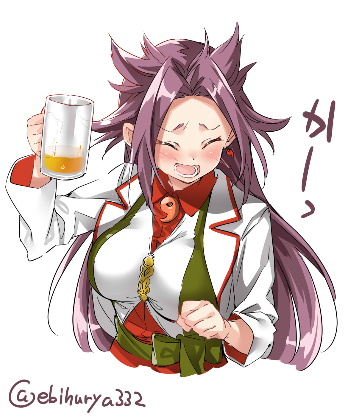 1girl alcohol beer beer_mug blush closed_eyes dress_shirt drunk ebifurya highres jun'you_(kantai_collection) kantai_collection long_hair magatama open_mouth purple_hair remodel_(kantai_collection) shirt simple_background solo spiky_hair twitter_username upper_body white_background