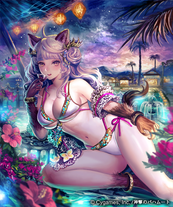 1girl animal_ears blush breasts brown_eyes brown_hair cleavage company_name copyright_name cup drinking_glass eyebrows_visible_through_hair flower holding holding_drinking_glass large_breasts long_hair looking_at_viewer lying official_art on_side parted_lips shingeki_no_bahamut solo swimsuit tail wine_glass