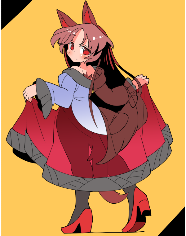 1girl animal_ears black_legwear brown_hair closed_mouth dress from_behind high_heels imaizumi_kagerou ini_(inunabe00) long_hair long_sleeves looking_at_viewer pantyhose red_dress red_eyes red_footwear see-through_silhouette solo tail touhou wolf_ears wolf_tail