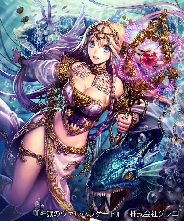 1girl blonde_hair blue_eyes blush braid breasts bubble character_request cleavage copyright_name eyebrows_visible_through_hair fish holding holding_staff large_breasts long_hair looking_at_viewer mayachise navel official_art open_mouth shingoku_no_valhalla_gate smile solo staff teeth underwater