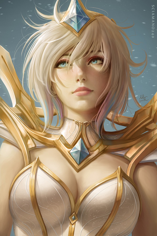 1girl armor bikini_armor blonde_hair blue_hair blush breasts cleavage eyeliner gorget large_breasts league_of_legends luxanna_crownguard makeup multicolored_hair pink_hair sciamano240 short_hair solo streaked_hair upper_body