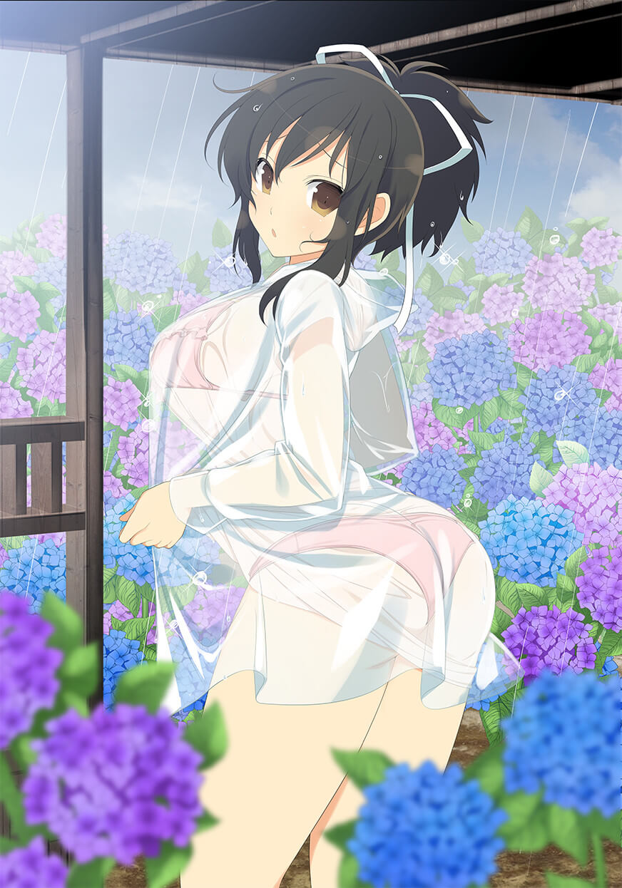 1girl ass asuka_(senran_kagura) black_hair breasts brown_eyes flower hair_ribbon highres large_breasts looking_at_viewer official_art ponytail rain ribbon see-through senran_kagura_(series) short_ponytail solo standing wet wet_clothes wet_hair white_ribbon yaegashi_nan