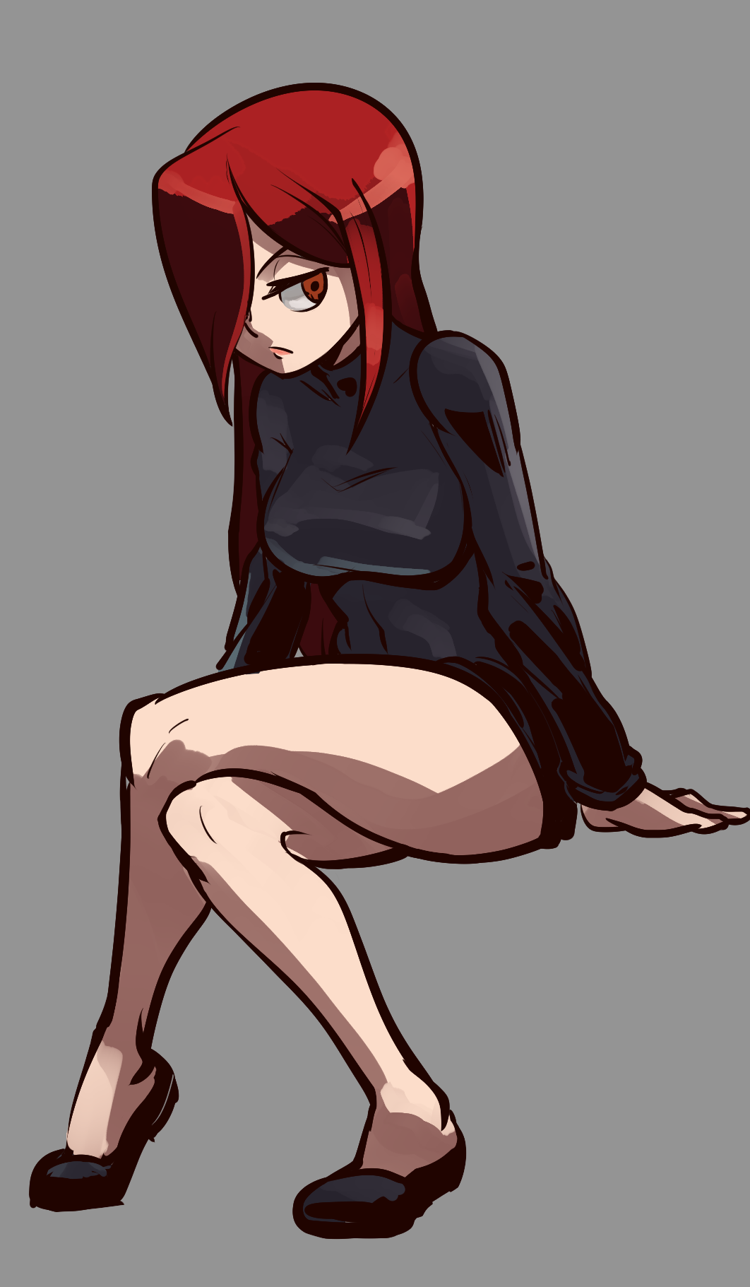 1girl big-d breasts dress flats full_body grey_background hair_over_one_eye highres large_breasts legs_crossed long_hair looking_back parasoul_(skullgirls) red_eyes redhead sitting skullgirls solo sweater sweater_dress