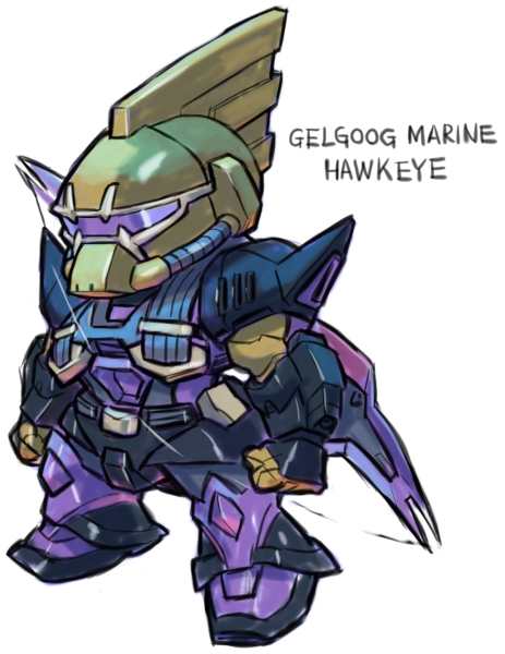 aburaya_tonbi bow_(weapon) character_name chibi full_body fusion gelgoog_marine gundam gundam_0083 hawkeye_(marvel) marvel mechanization simple_background solo standing visor weapon white_background